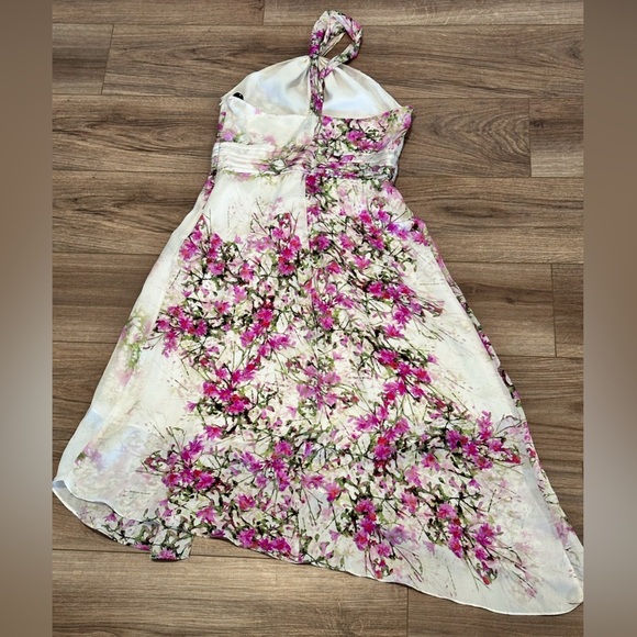 Bebe 100% Silk Purple Floral Criss Cross Halter Dress Size Medium - Picture 6 of 7